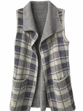 Papa Vancouver  Plaid Knit Sleeveless Cardigan - Gray & Cream
